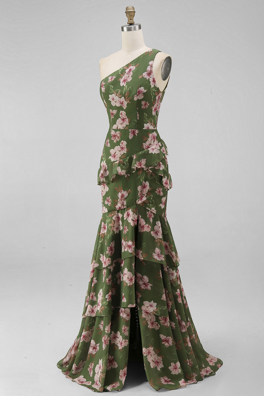 Dark Green Ruffled One Shoulder Floral Long A Line Wedding Guest Dress with Slit