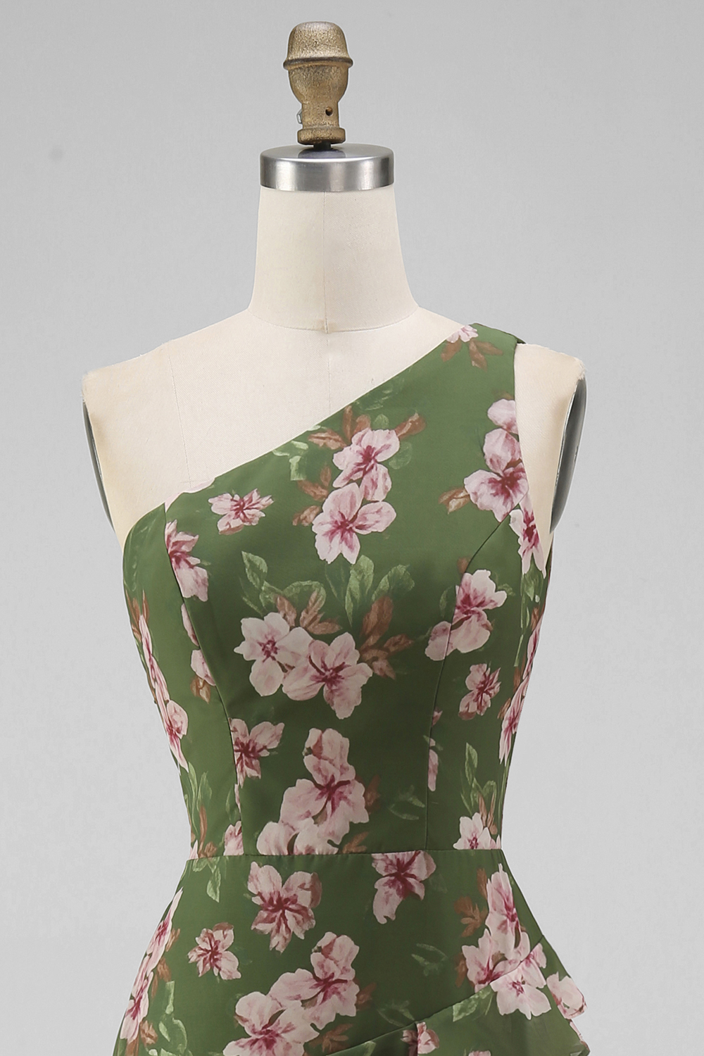 Dark Green Ruffled One Shoulder Floral Long A Line Wedding Guest Dress with Slit
