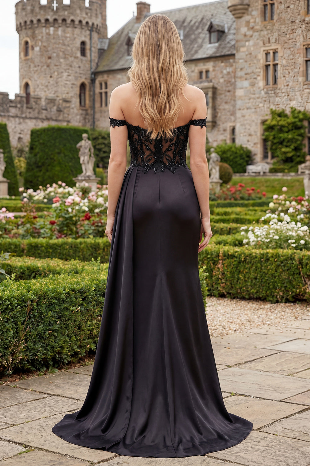 Black Formal Off the Shoulder Appliqued Ruched Long Mermaid Dress with Side Cape