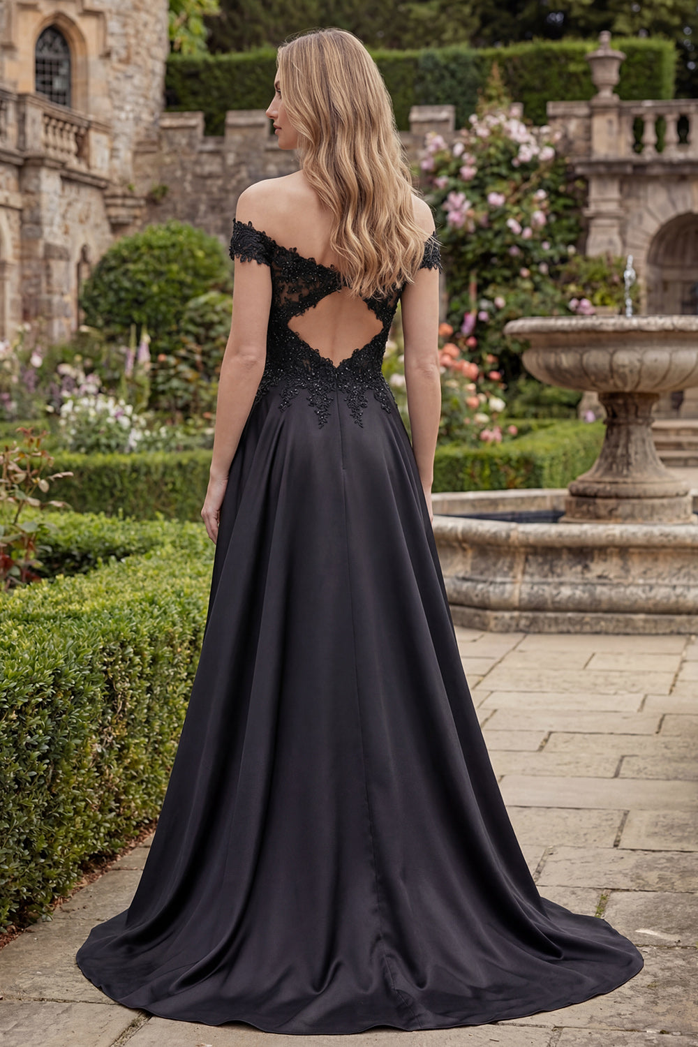 Black Off the Shoulder A Line Beaded Long Formal Dress with Lace