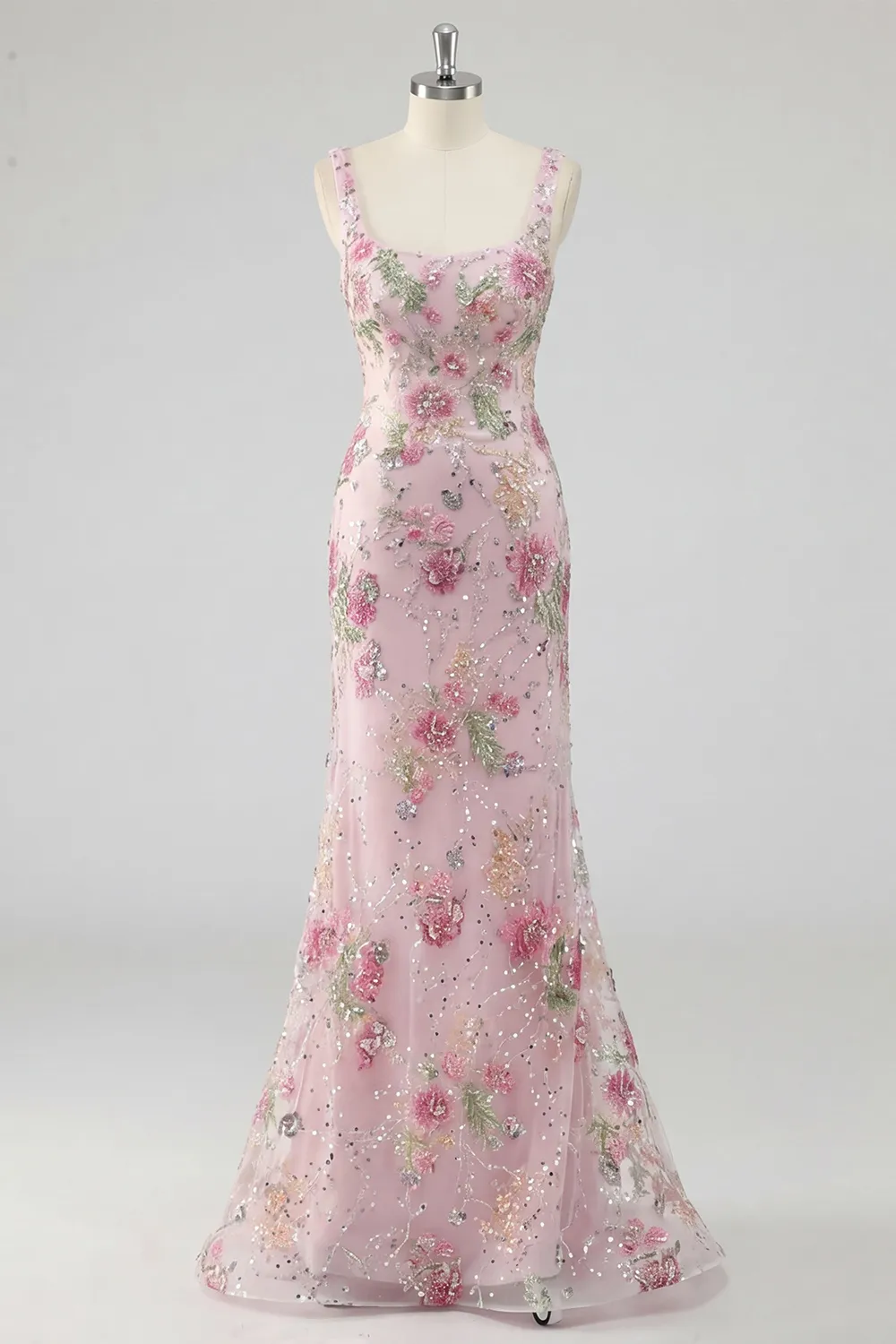 Sparkly Pink Floral Mermaid Beaded Long Formal Dress