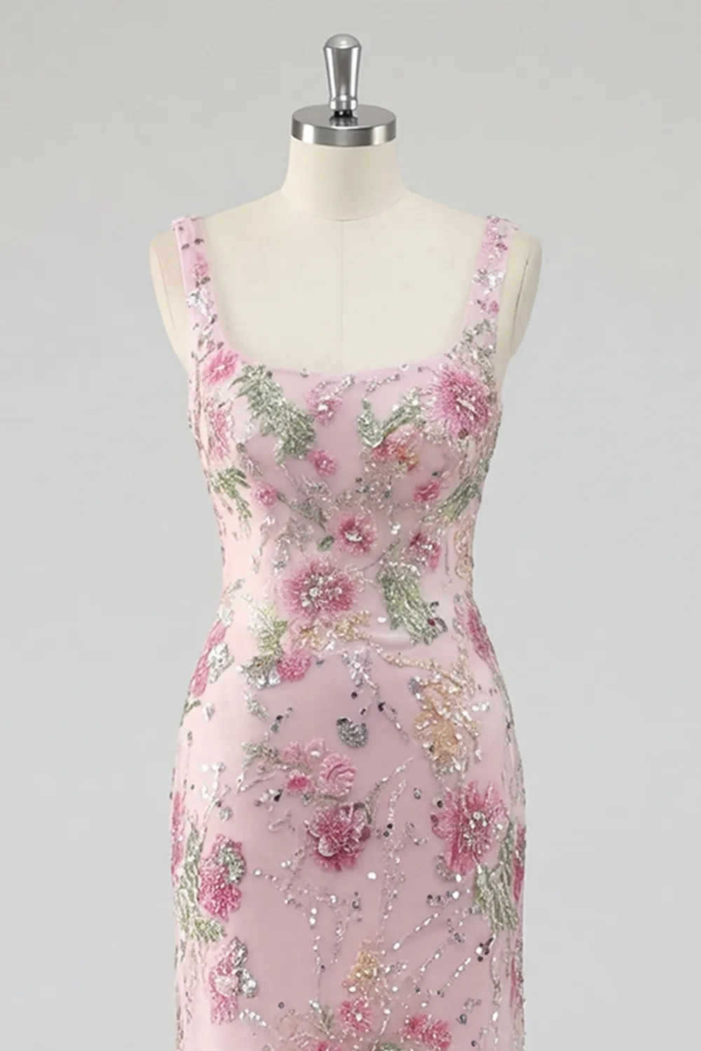 Sparkly Pink Floral Mermaid Beaded Long Formal Dress