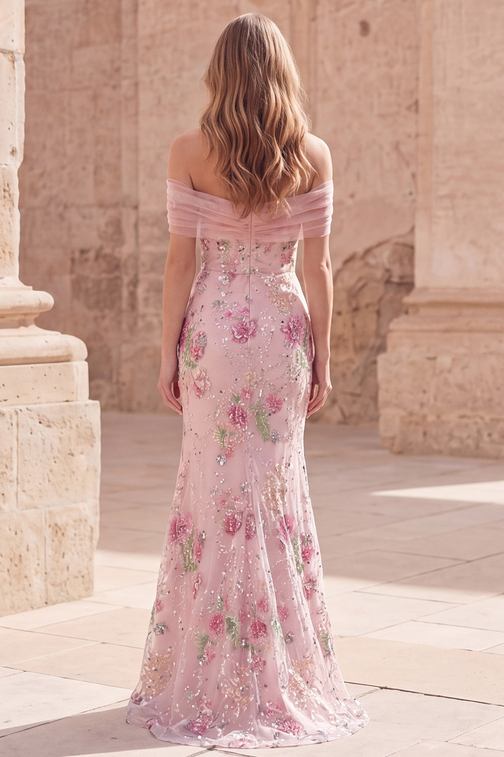 Sparkly Pink Floral Mermaid Off the Shoulder Beaded Long Formal Dress