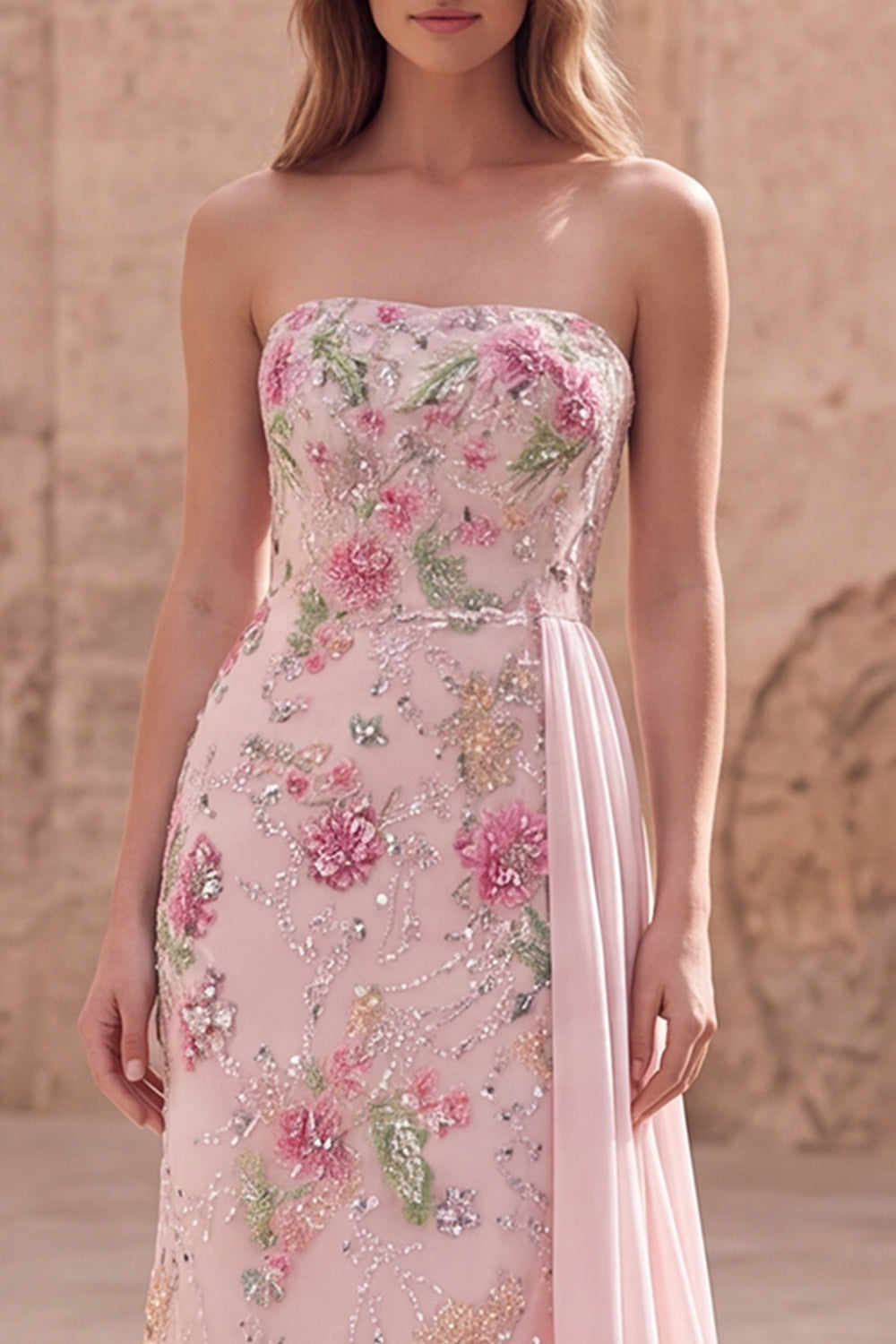 Sparkly Pink Beaded Floral Mermaid Long Formal Dress with Side Cape