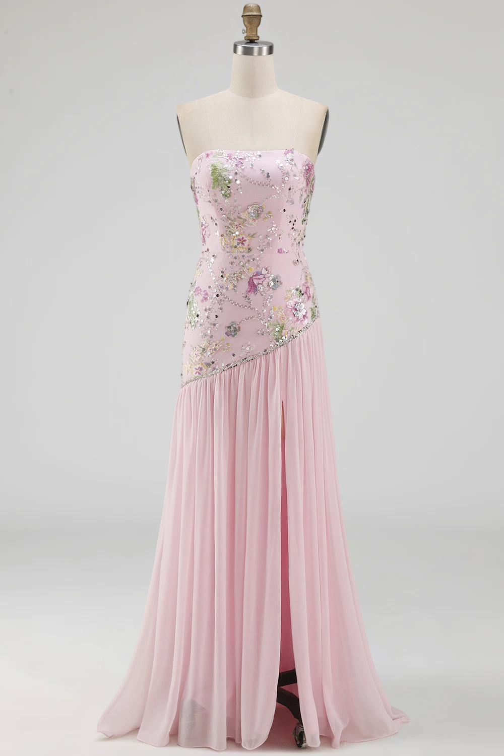 Sparkly Pink Strapless Beaded Floral Long A Line Formal Dress with Slit