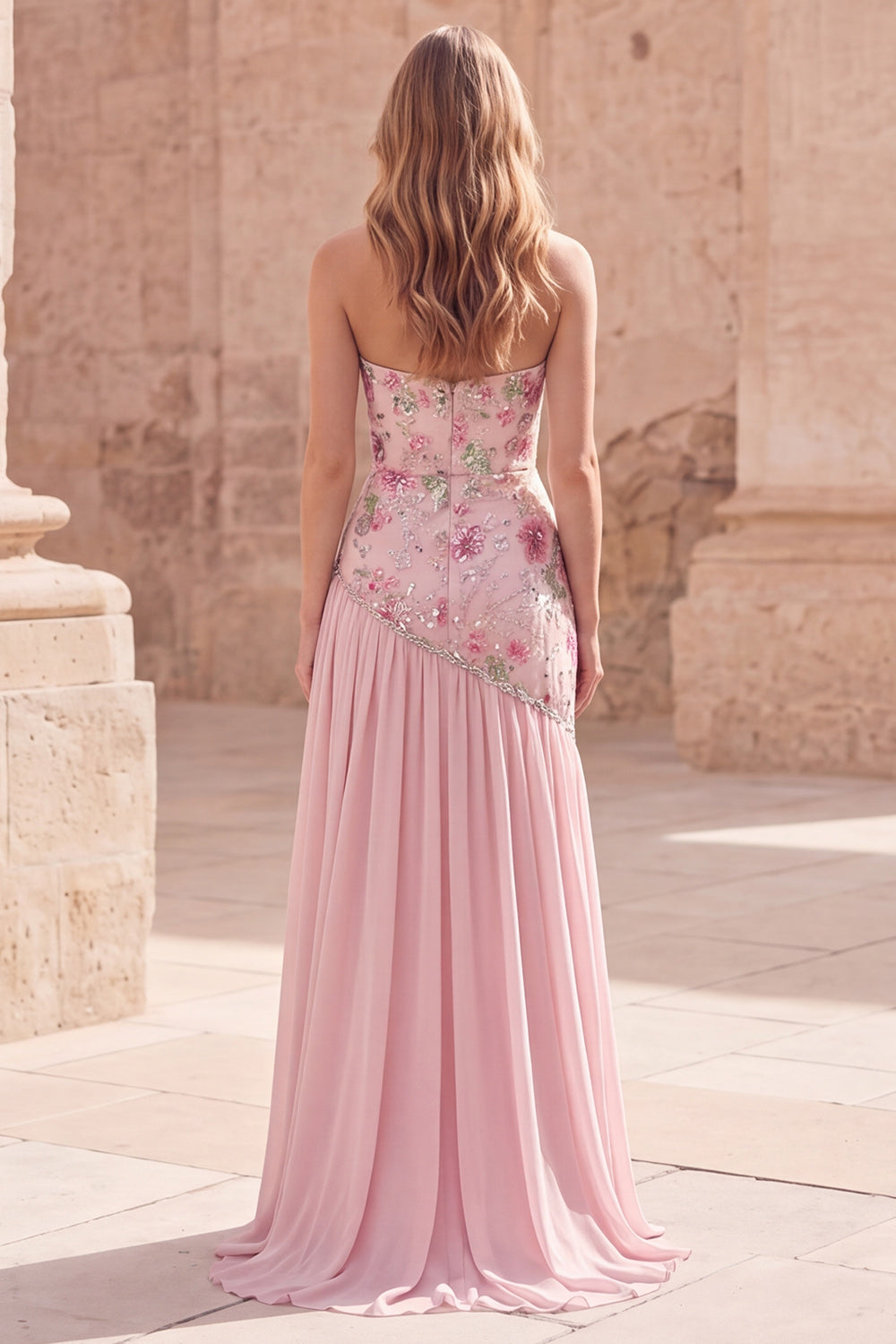 Sparkly Pink Strapless Beaded Floral Long A Line Formal Dress with Slit