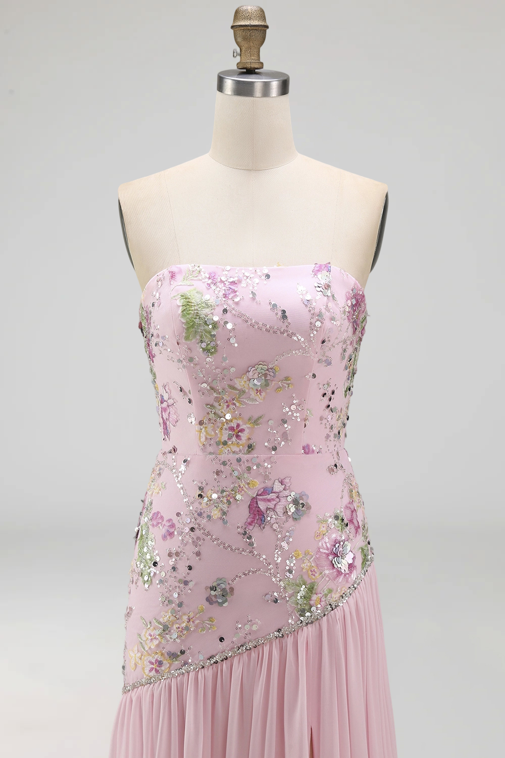Sparkly Pink Strapless Beaded Floral Long A Line Formal Dress with Slit