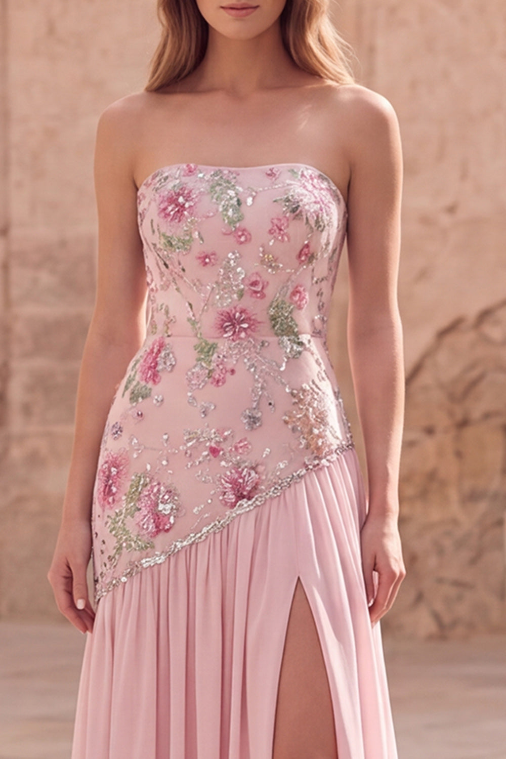 Sparkly Pink Strapless Beaded Floral Long A Line Formal Dress with Slit