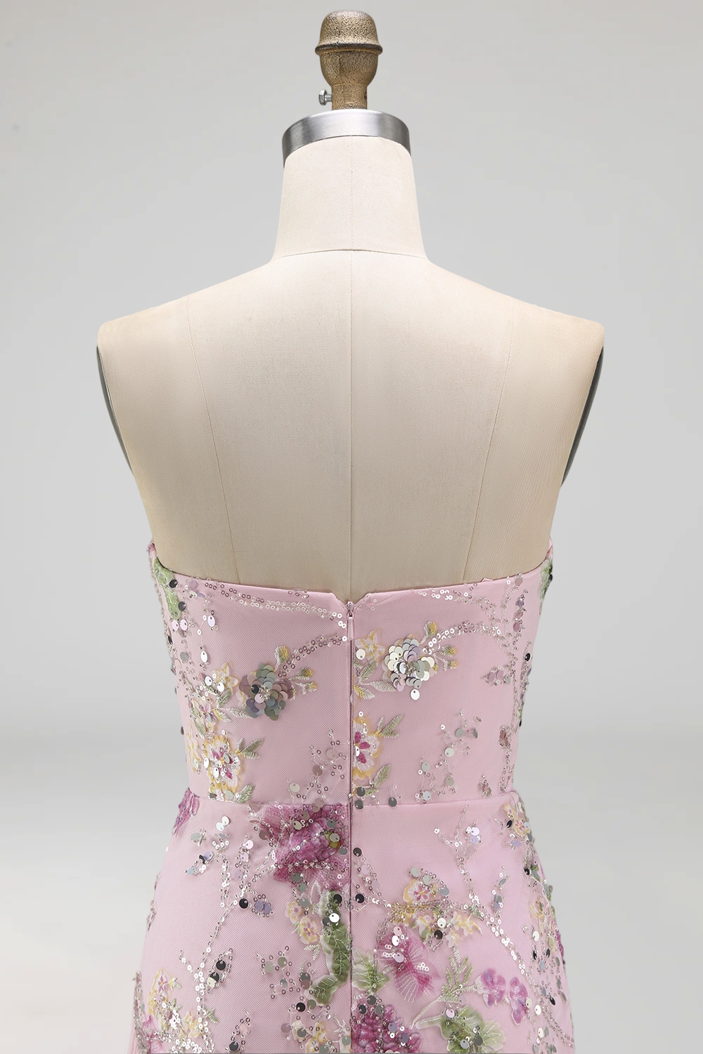 Sparkly Pink Strapless Beaded Floral Long A Line Formal Dress with Slit