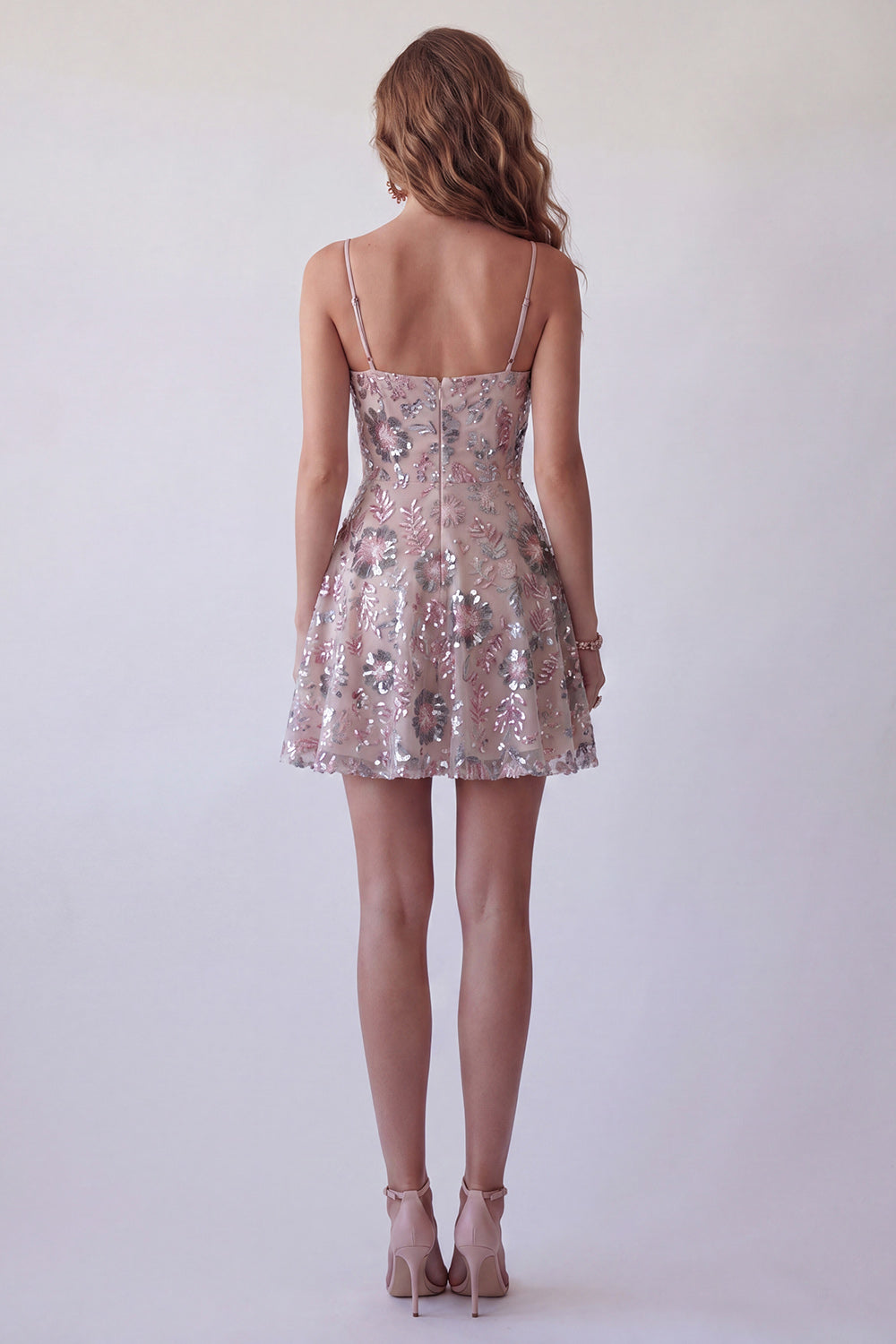 Sparkly Blush Spaghetti Straps A Line Floral Beaded Short Homecoming Dress