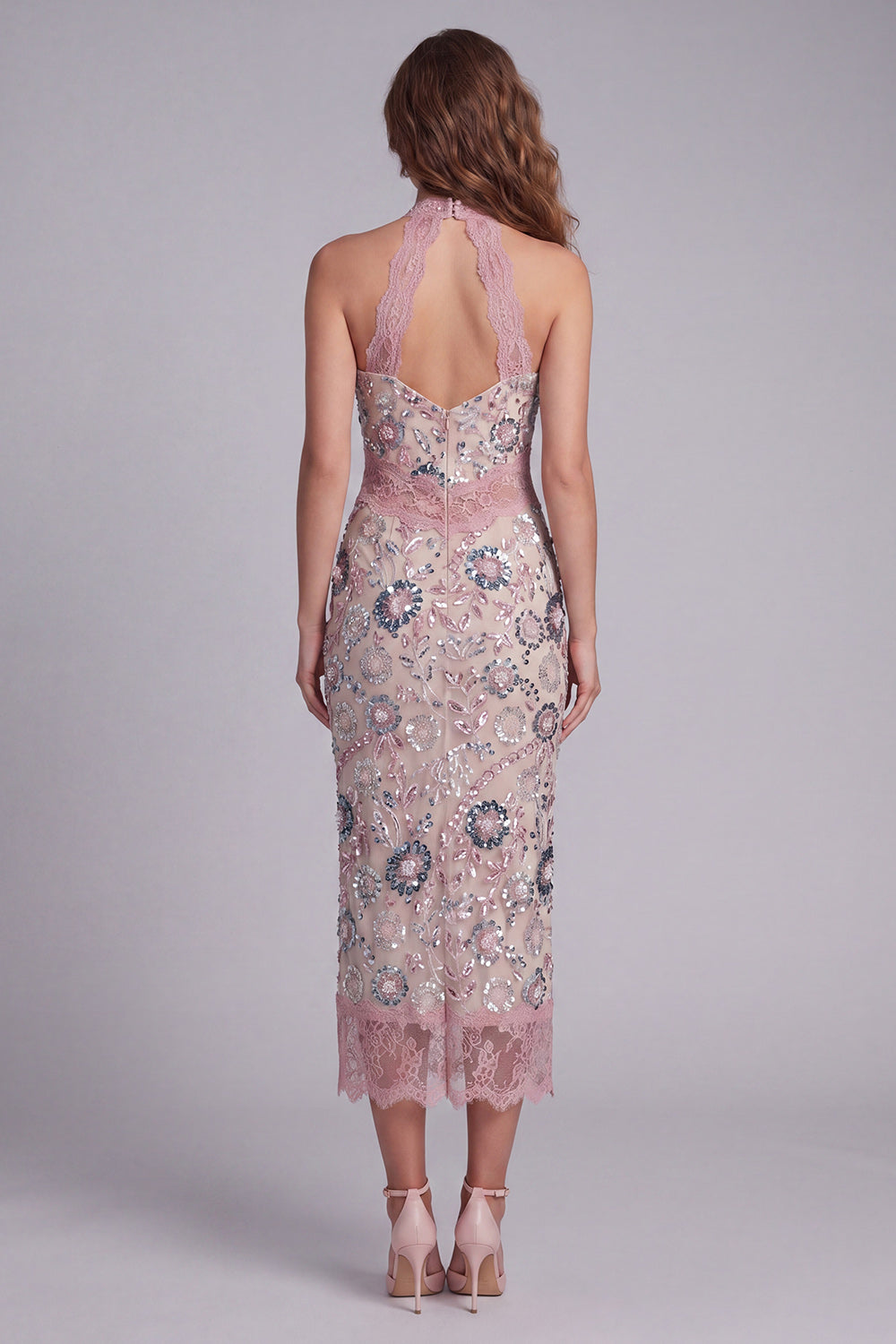 Sparkly Blush Beaded Sheath Maxi Halter Floral Homecoming Dress with Lace