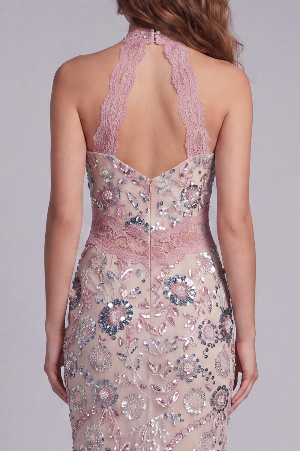 Sparkly Blush Beaded Sheath Maxi Halter Floral Homecoming Dress with Lace