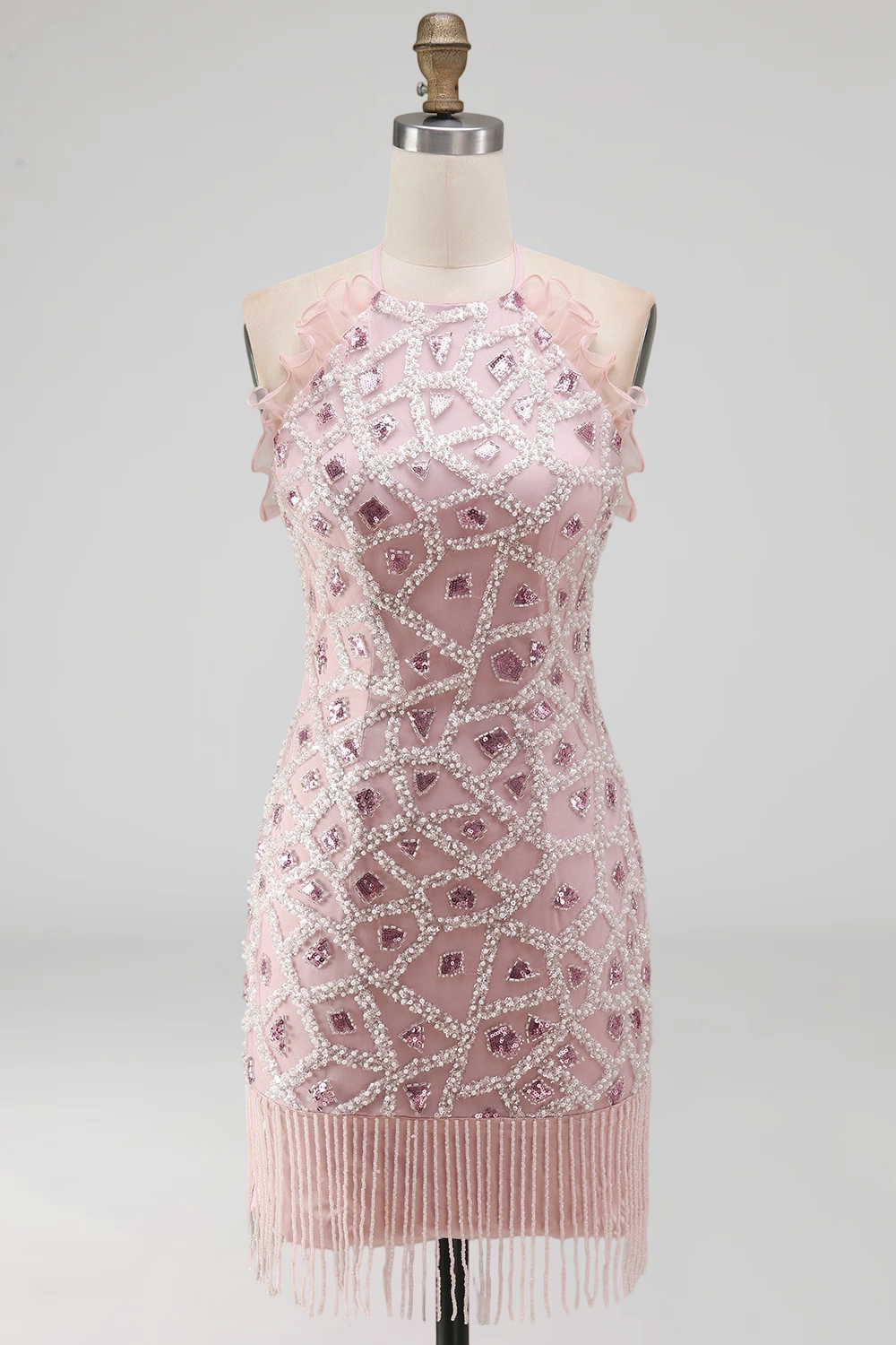 Sparkly Blush Ruffled Beaded Tight Short Halter Homecoming Dress with Fringes