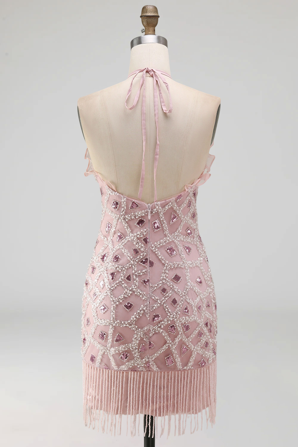 Sparkly Blush Ruffled Beaded Tight Short Halter Homecoming Dress with Fringes