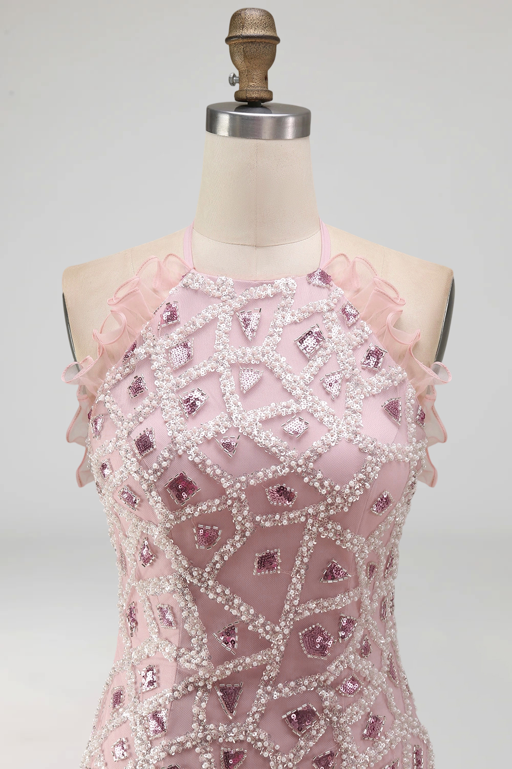 Sparkly Blush Ruffled Beaded Tight Short Halter Homecoming Dress with Fringes