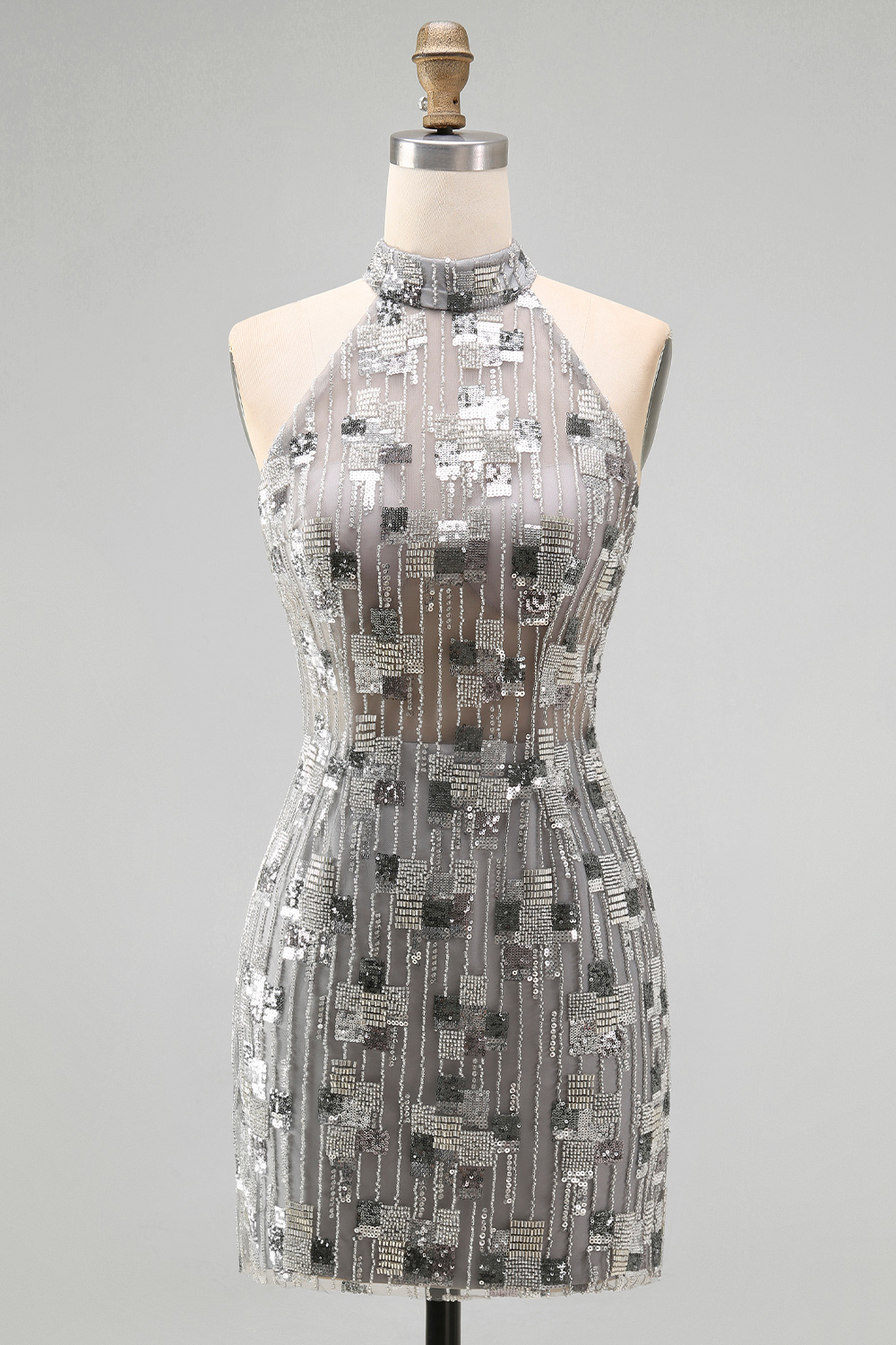 Sparkly Silver Beaded Open Back High Neck Tight Short Homecoming Dress