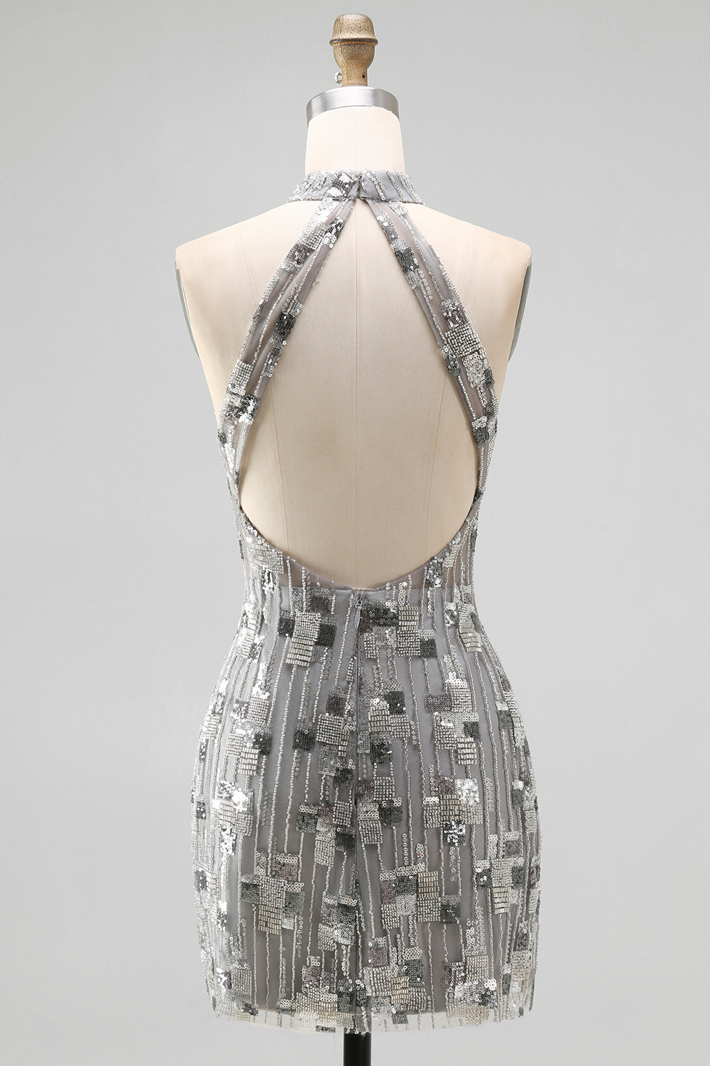 Sparkly Silver Beaded Open Back High Neck Tight Short Homecoming Dress