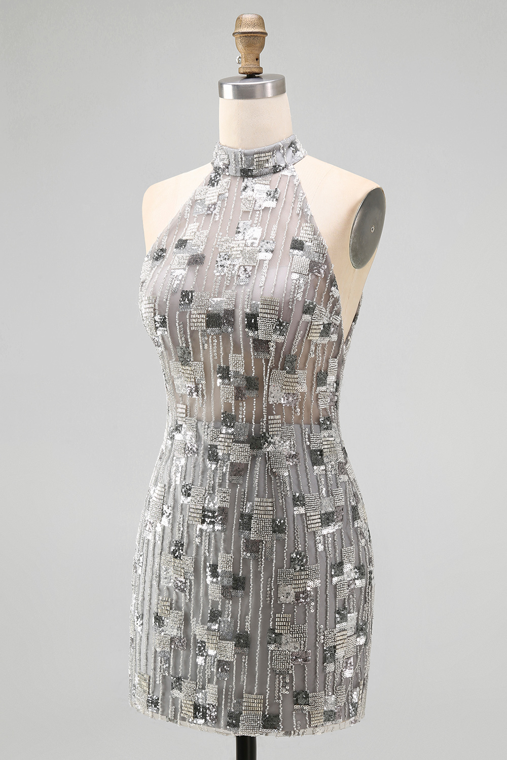 Sparkly Silver Beaded Open Back High Neck Tight Short Homecoming Dress