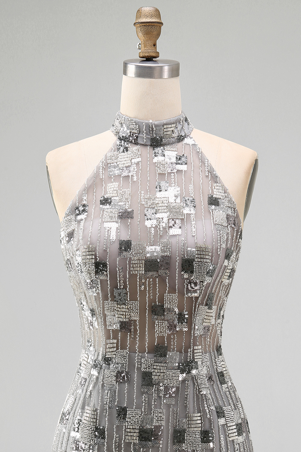 Sparkly Silver Beaded Open Back High Neck Tight Short Homecoming Dress