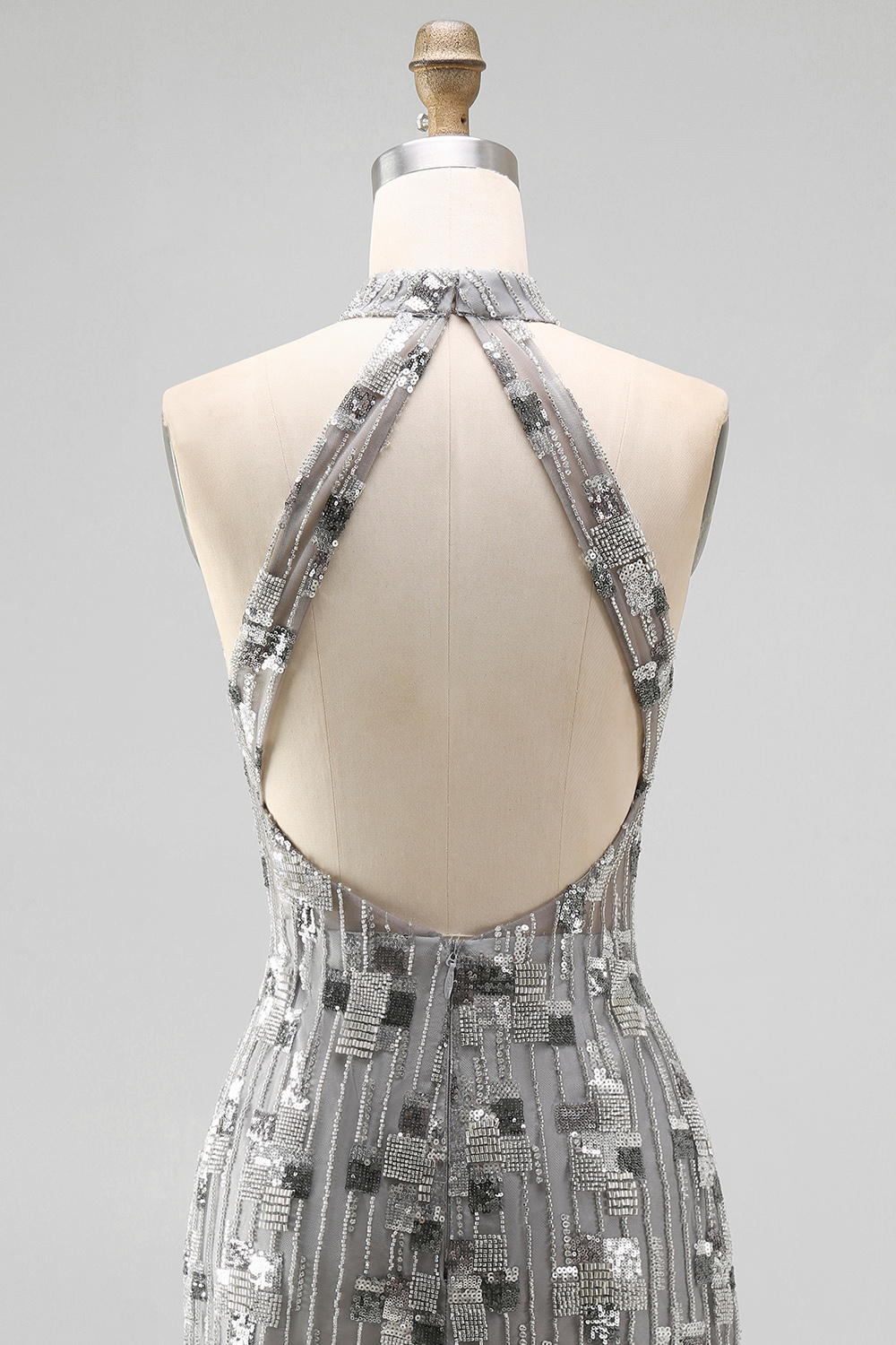 Sparkly Silver Beaded Open Back High Neck Tight Short Homecoming Dress