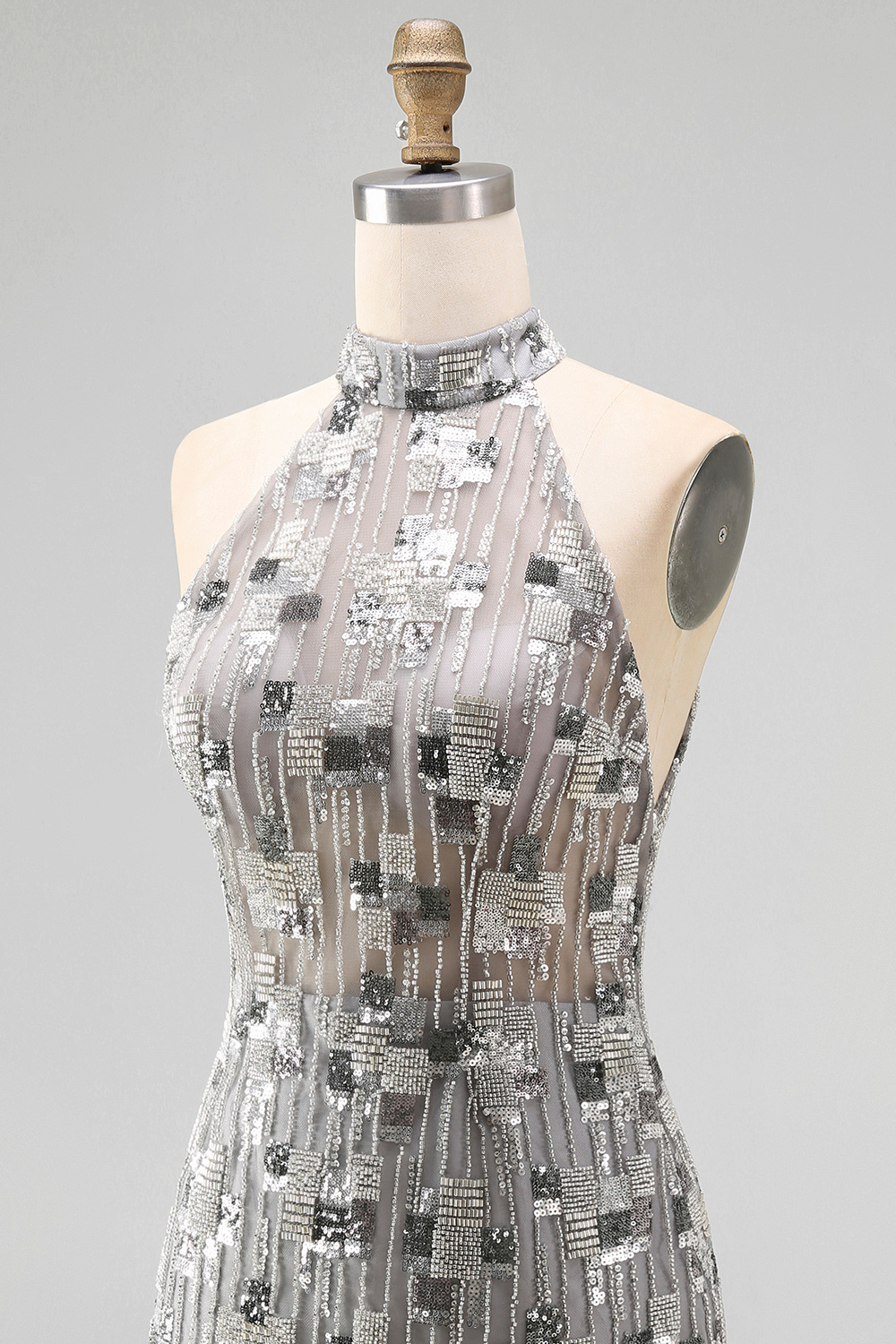 Sparkly Silver Beaded Open Back High Neck Tight Short Homecoming Dress