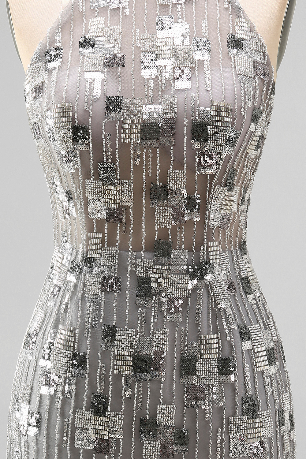 Sparkly Silver Beaded Open Back High Neck Tight Short Homecoming Dress