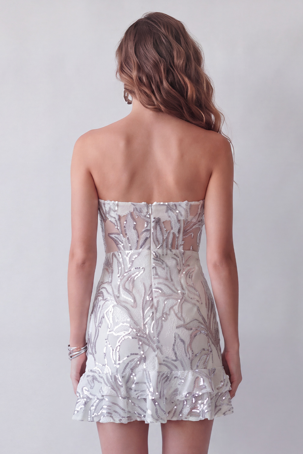 Sparkly Dusty Sage Tight Strapless Short Beaded Homecoming Dress with Ruffles