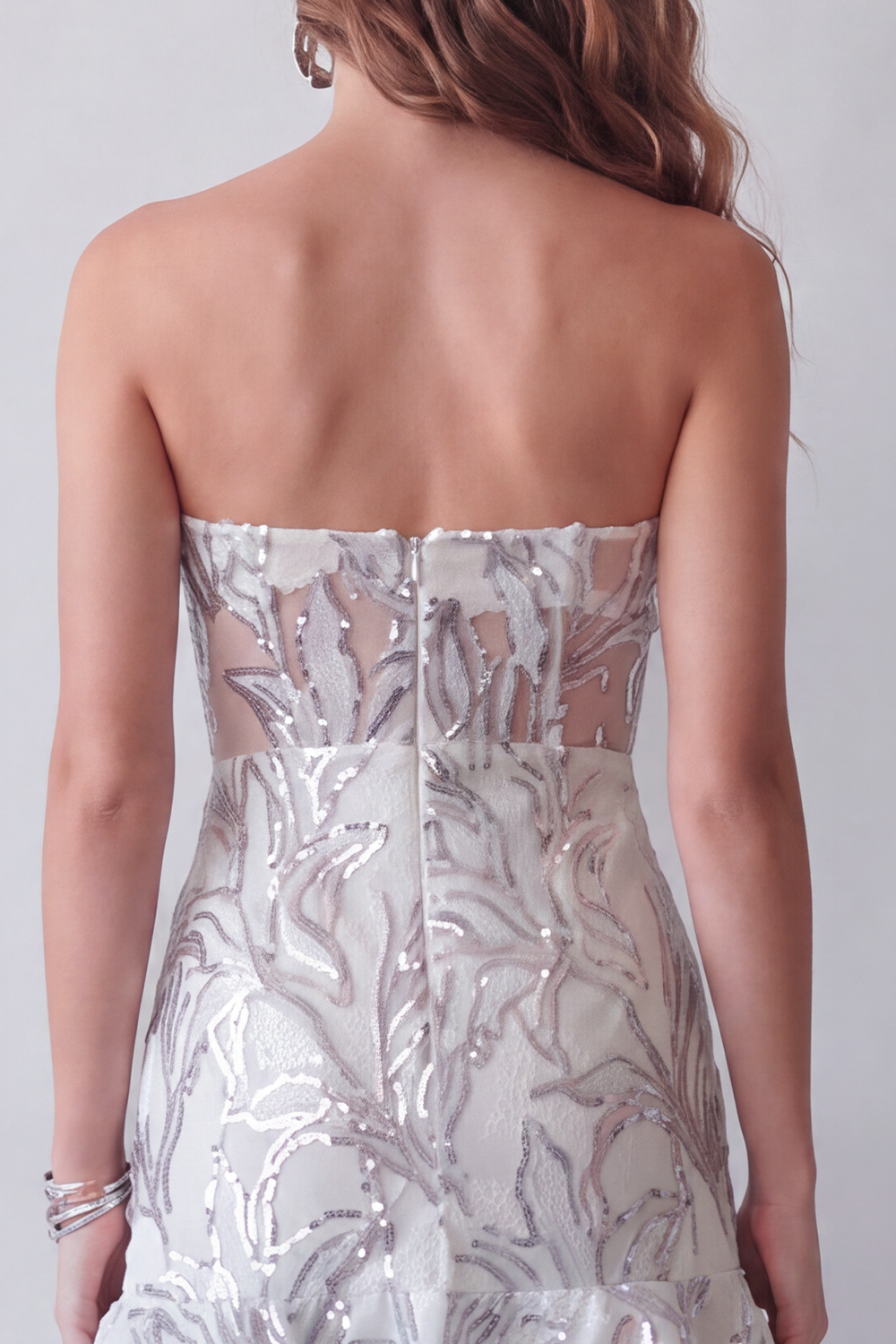 Sparkly Dusty Sage Tight Strapless Short Beaded Homecoming Dress with Ruffles