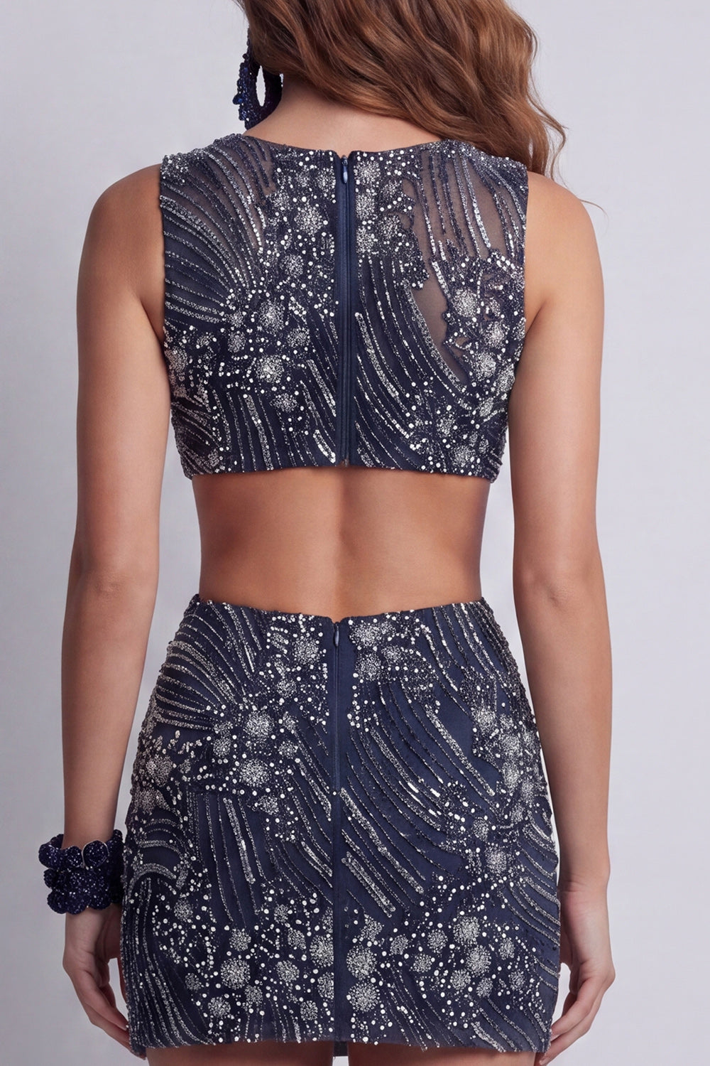 Sparkly Beaded Navy Boat Neck Cut Out Tight Short Homecoming Dress