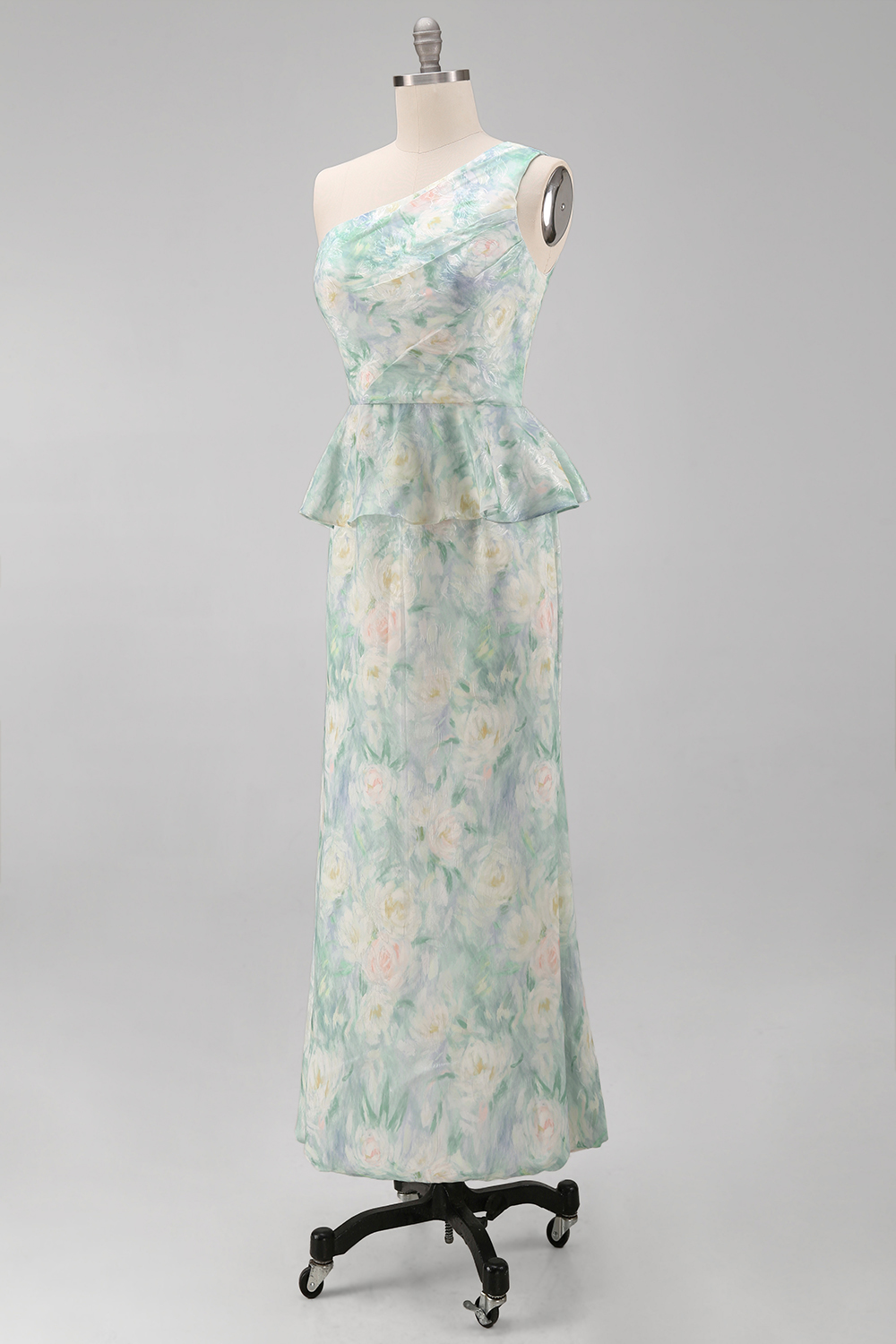 Light Green Floral One Shoulder Long Mermaid Ruched Wedding Guest Dress with Ruffles