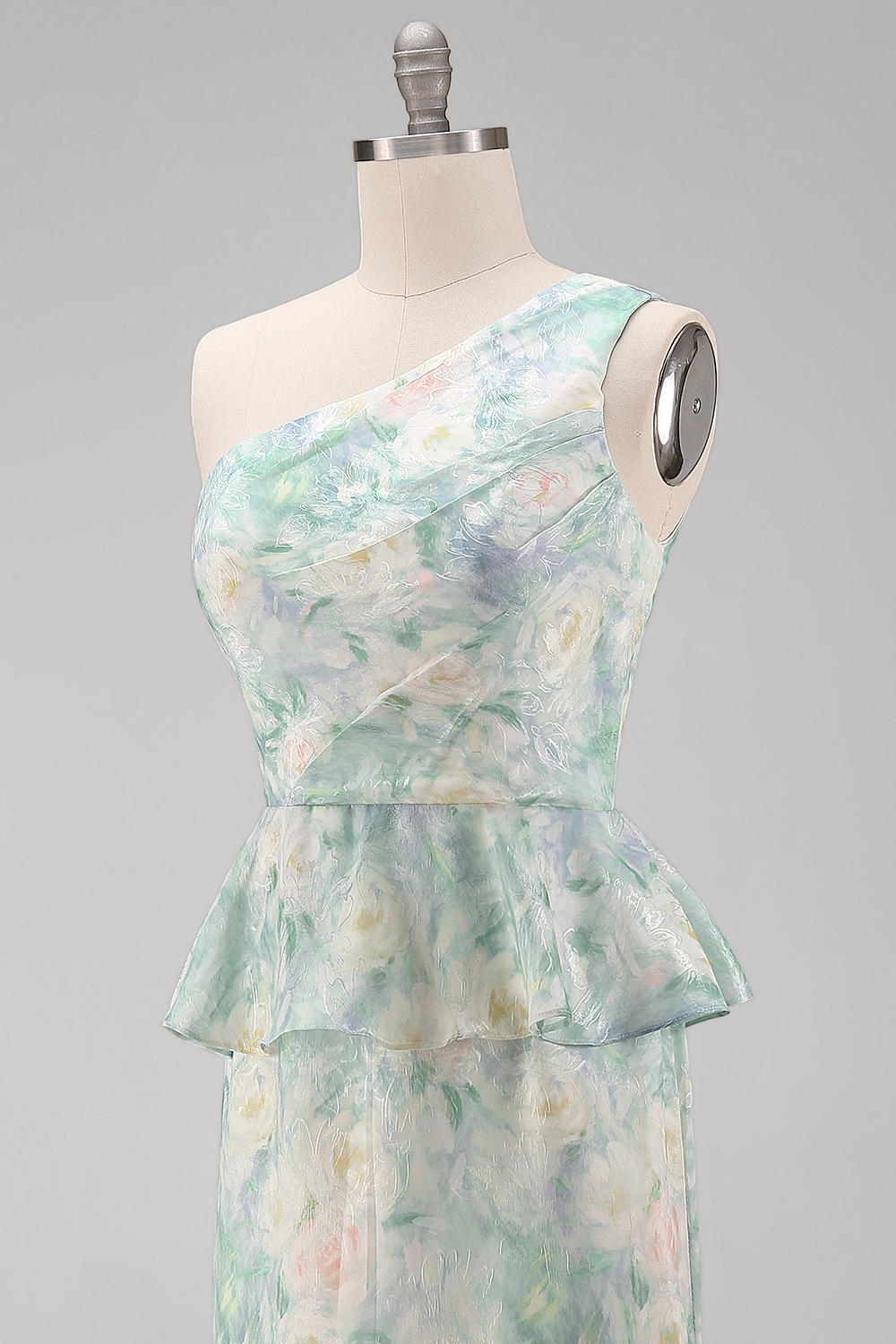 Light Green Floral One Shoulder Long Mermaid Ruched Wedding Guest Dress with Ruffles