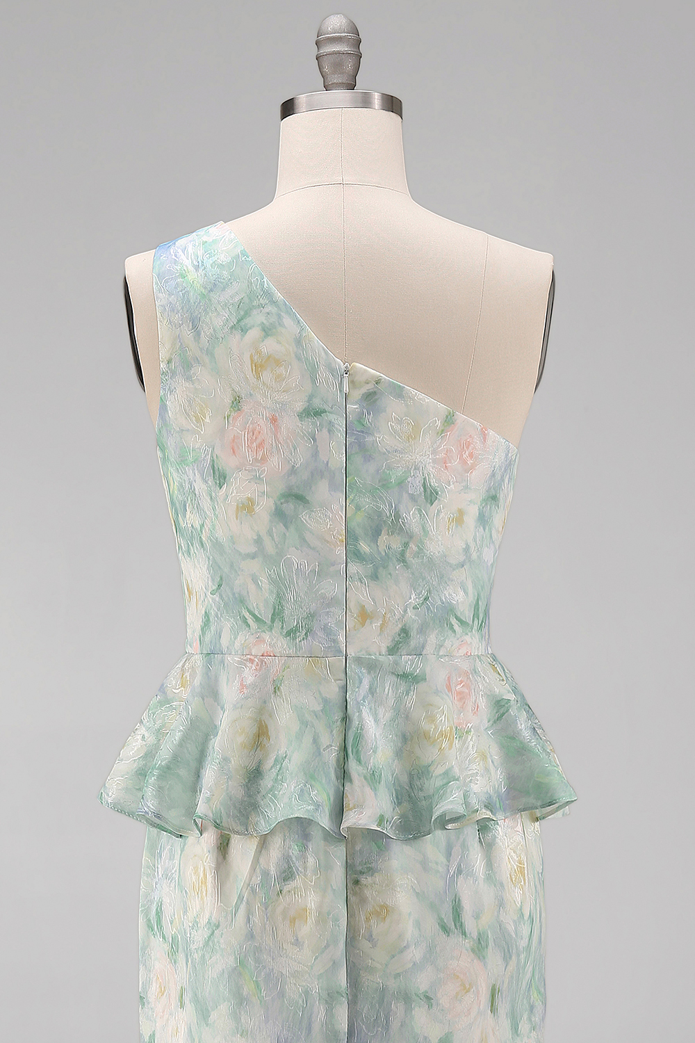Light Green Floral One Shoulder Long Mermaid Ruched Wedding Guest Dress with Ruffles