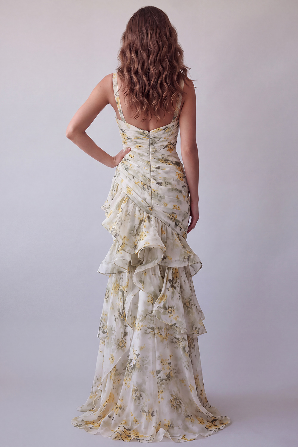 Light Yellow Floral V-Neck Mermaid Ruched Long Wedding Guest Dress with Ruffles