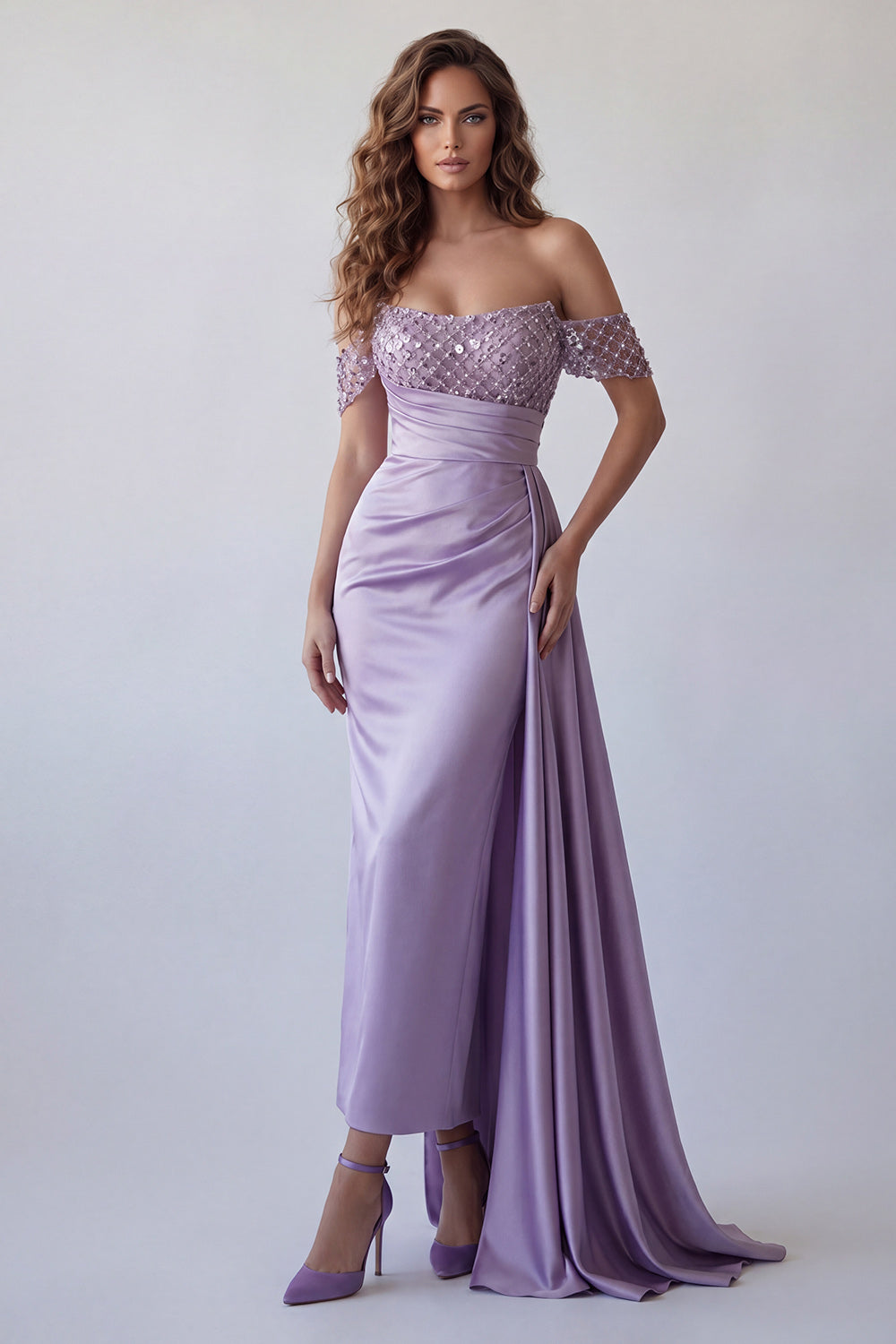 Light Purple Ruched Beaded Long Mermaid Wedding Guest Dress with Side Cape