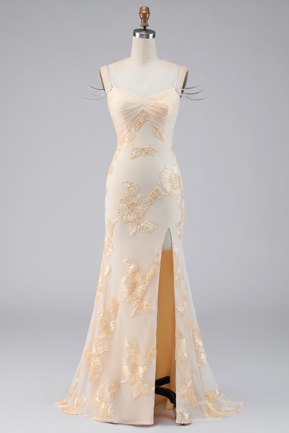 Light Yellow Floral Mermaid Long Cold Shoulder Beaded Evening Dress with Slit