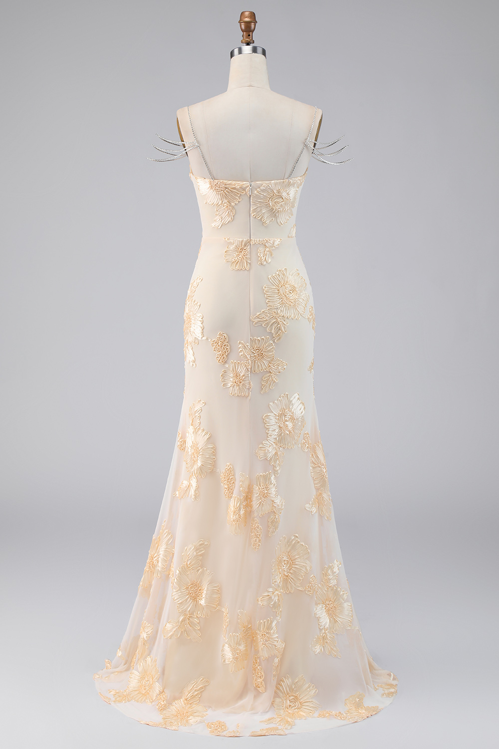 Light Yellow Floral Mermaid Long Cold Shoulder Beaded Evening Dress with Slit