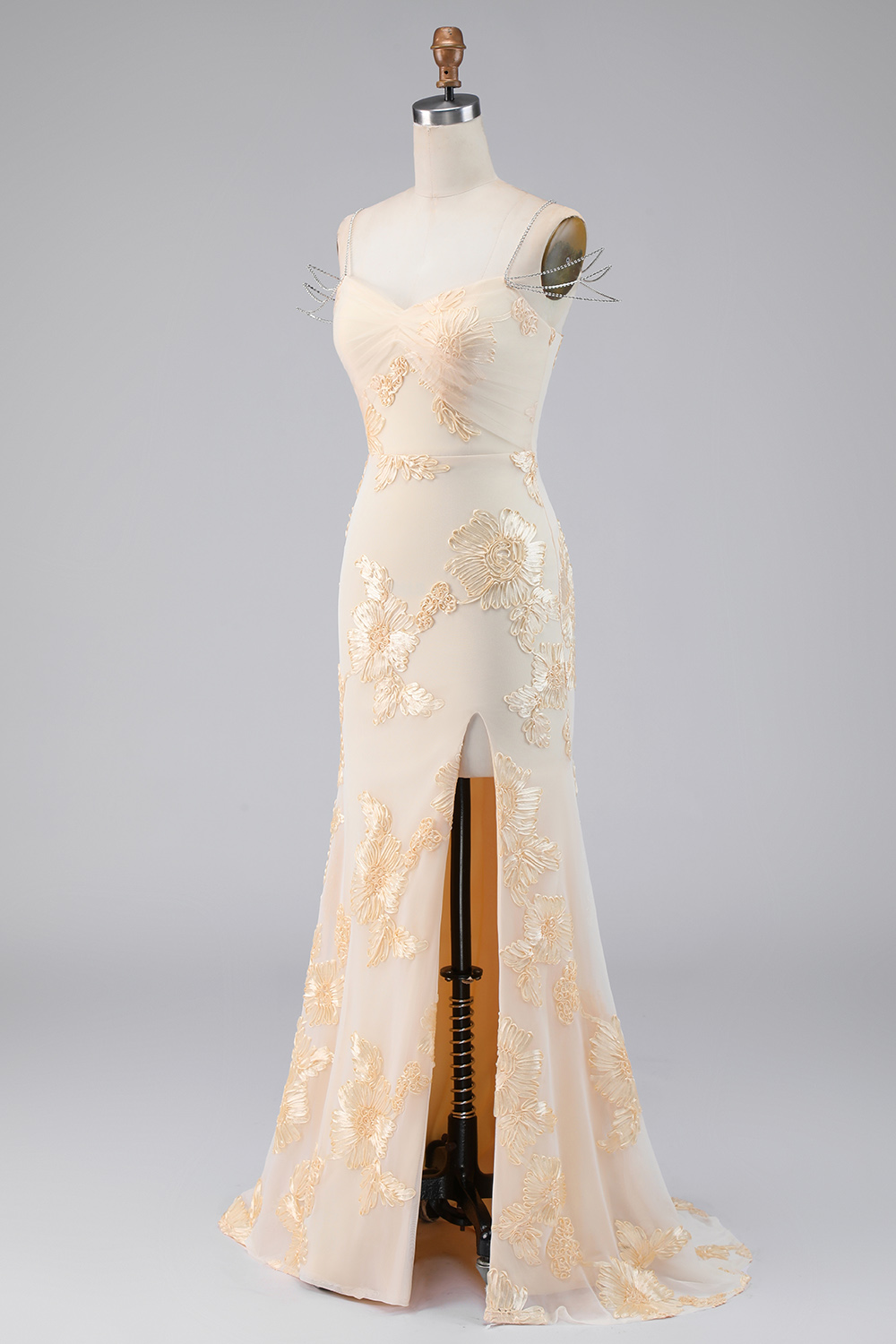 Light Yellow Floral Mermaid Long Cold Shoulder Beaded Evening Dress with Slit