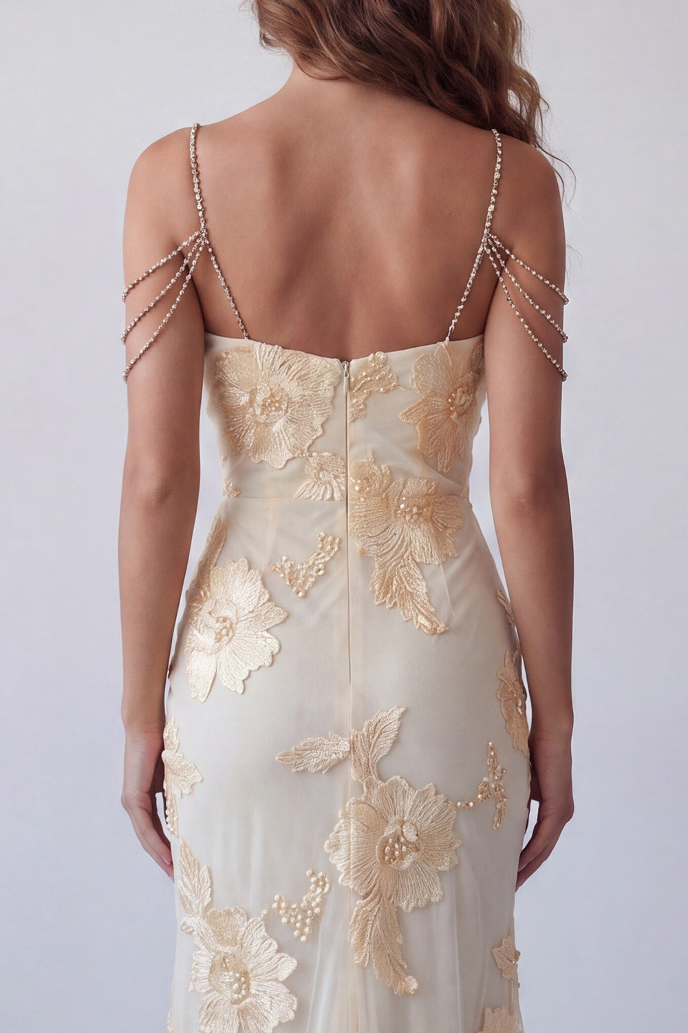 Light Yellow Floral Mermaid Long Cold Shoulder Beaded Evening Dress with Slit