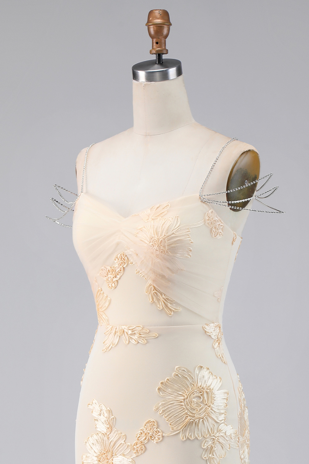 Light Yellow Floral Mermaid Long Cold Shoulder Beaded Evening Dress with Slit