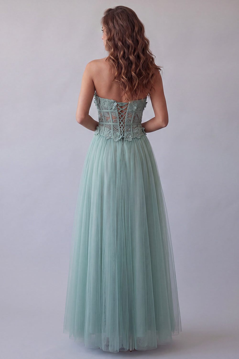 Green Floral Corset Strapless A Line Long Wedding Guest Dress with Beading