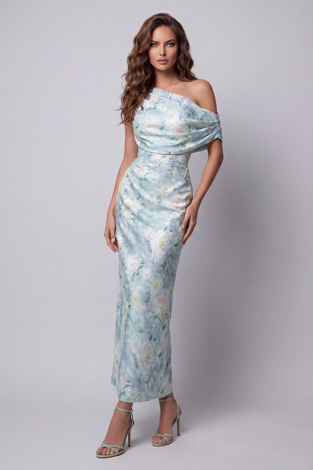 Light Green Floral Long Mermaid Ruched One Shoulder Wedding Guest Dress