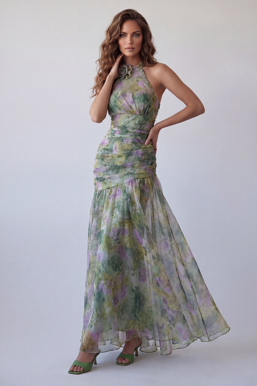 Dusty Sage Halter Floral Ruched A Line Long Wedding Guest Dress with 3D Flower
