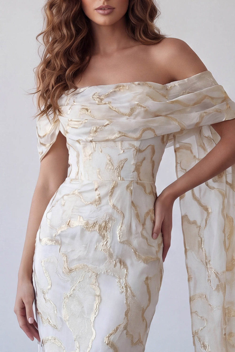 Champagne Sheath Off the Shoulder Long Wedding Guest Dress with Shawl