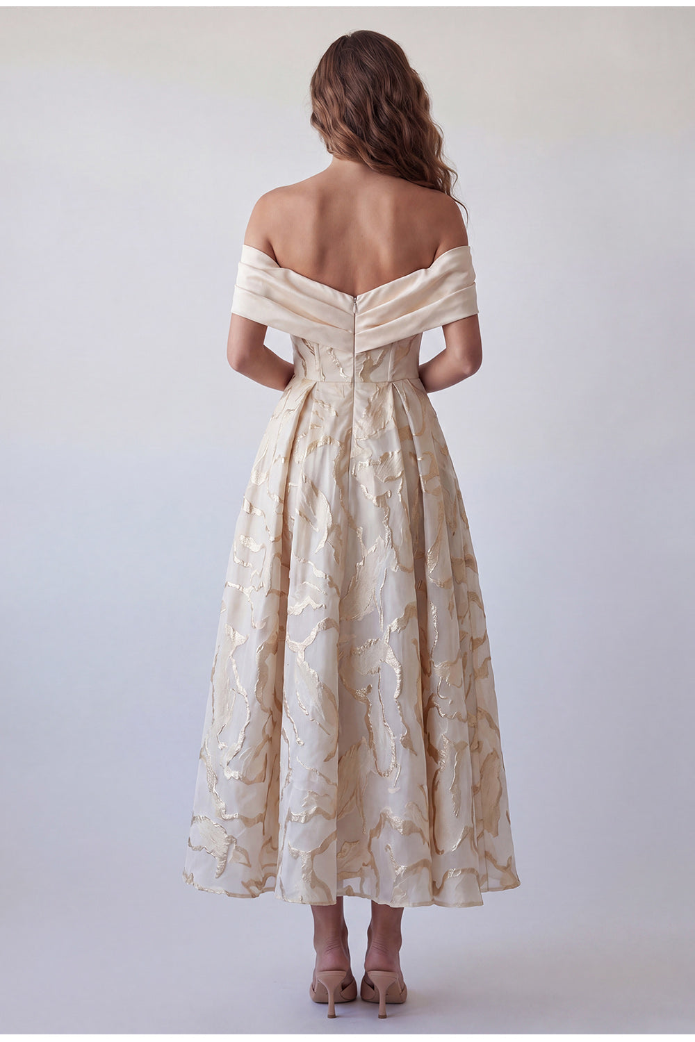 Champagne Off the Shoulder A Line Ruched Long Wedding Guest Dress