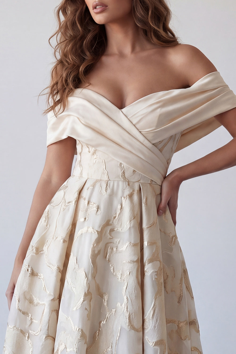 Champagne Off the Shoulder A Line Ruched Long Wedding Guest Dress