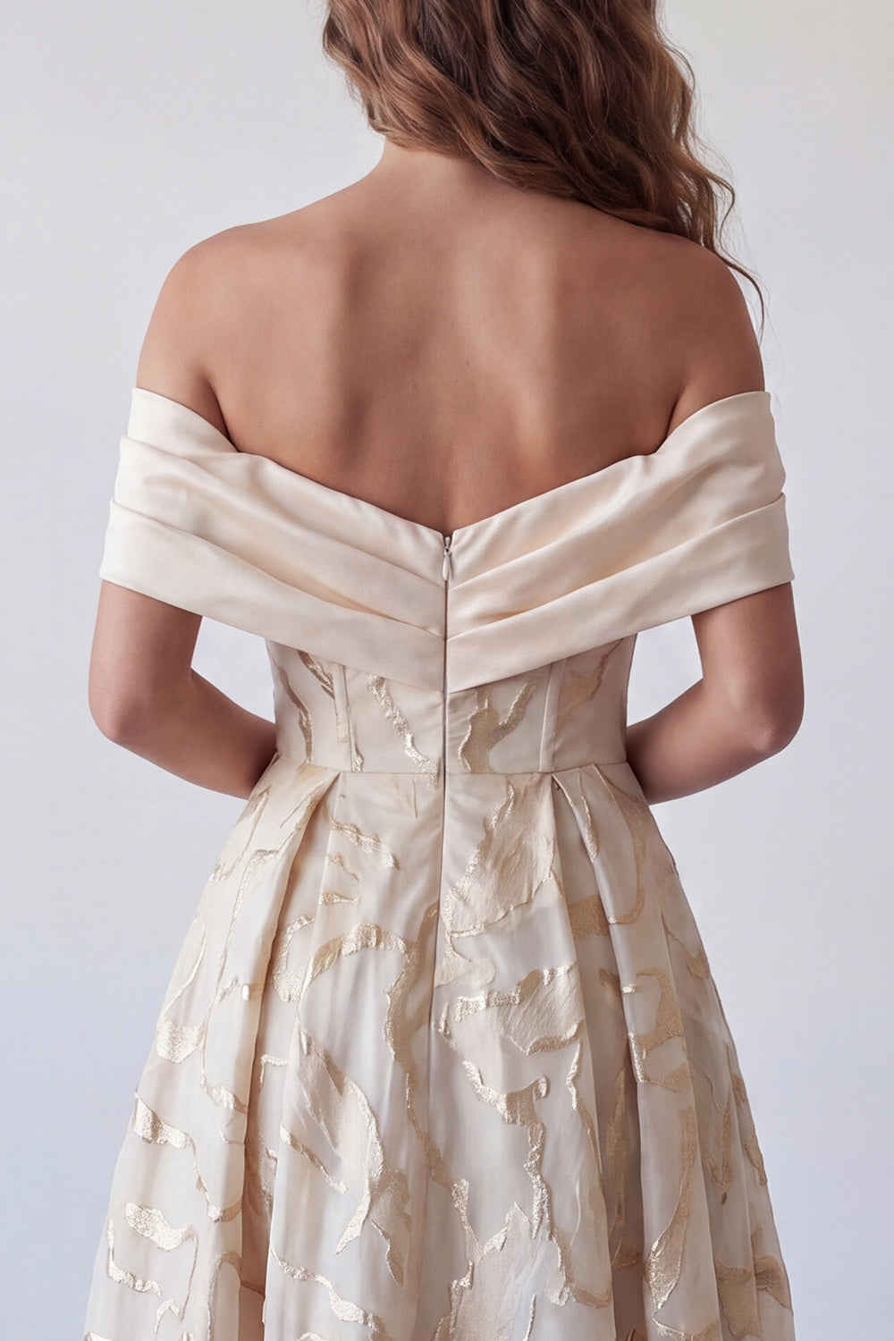 Champagne Off the Shoulder A Line Ruched Long Wedding Guest Dress