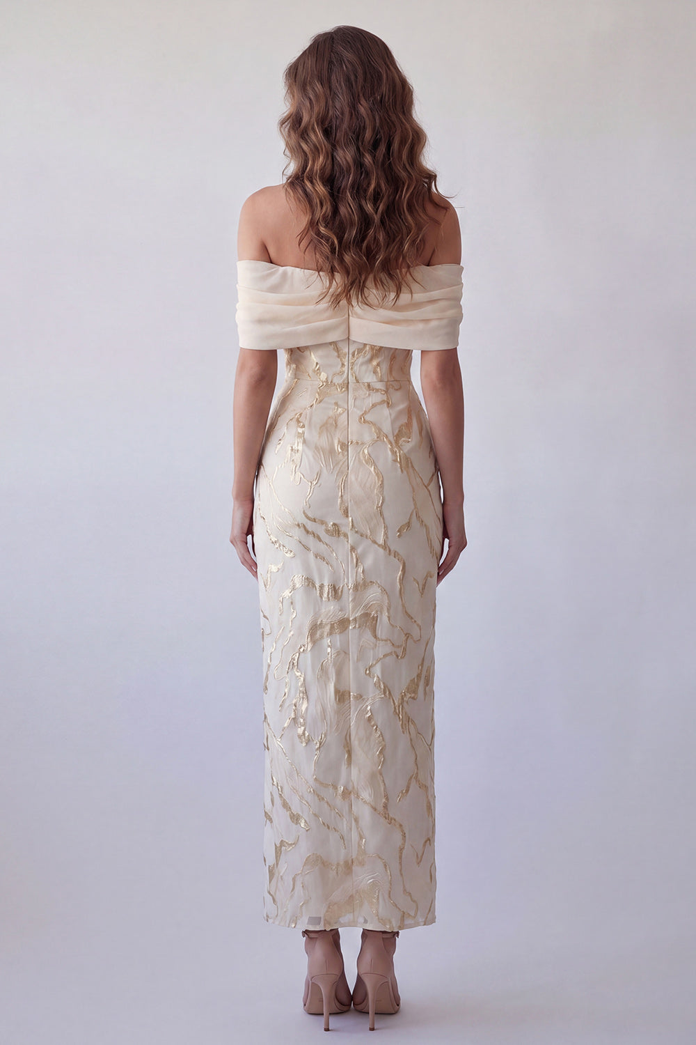 Champagne Off the Shoulder Sheath Long Wedding Guest Dress