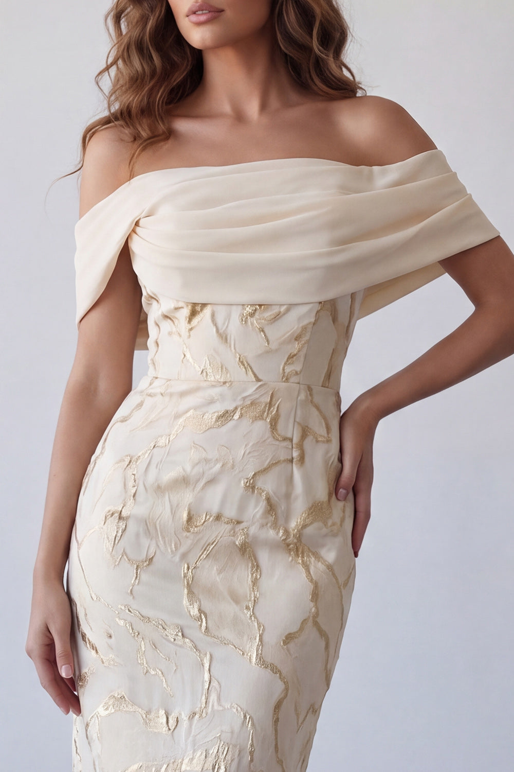 Champagne Off the Shoulder Sheath Long Wedding Guest Dress