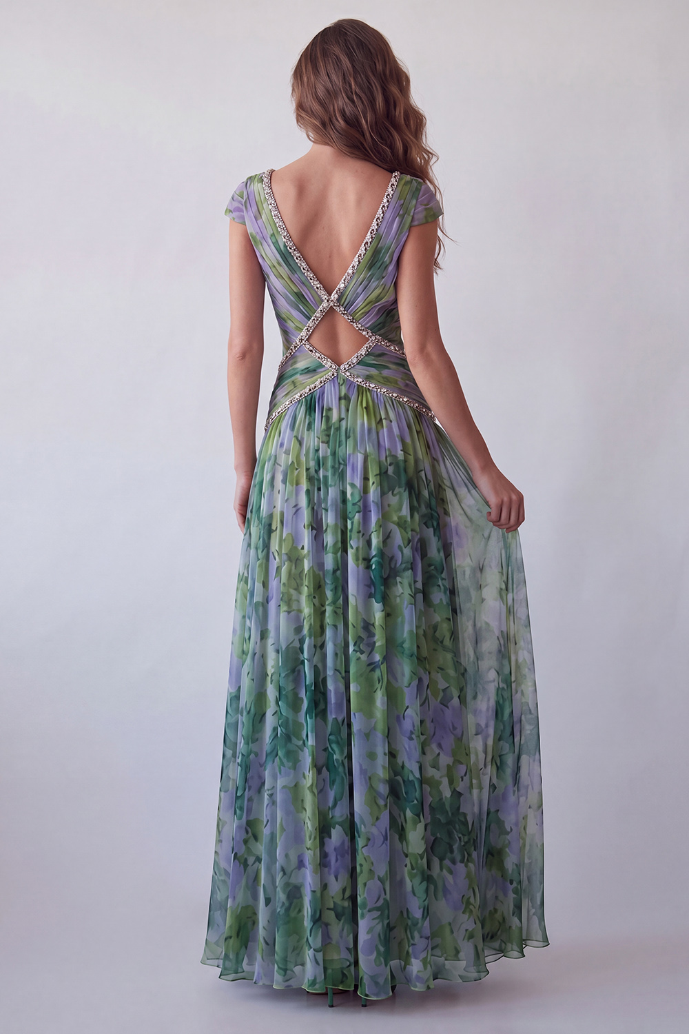 Dusty Sage Floral V-Neck Ruched A Line Long Wedding Guest Dress with Beading