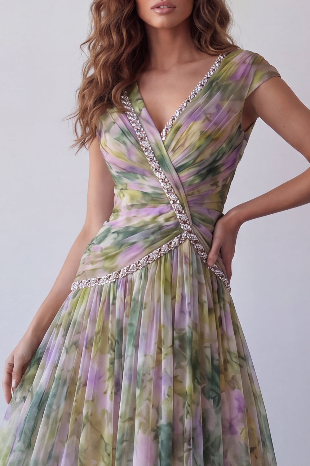 Dusty Sage Floral V-Neck Ruched A Line Long Wedding Guest Dress with Beading